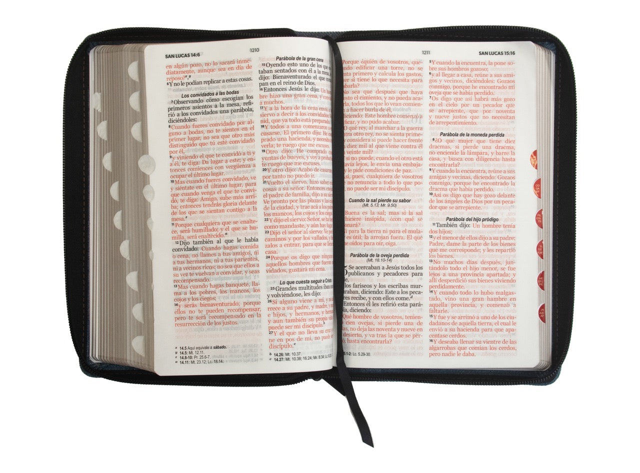 Biblia RVR60 Tamaño manual letra grande azul con cierre y indice